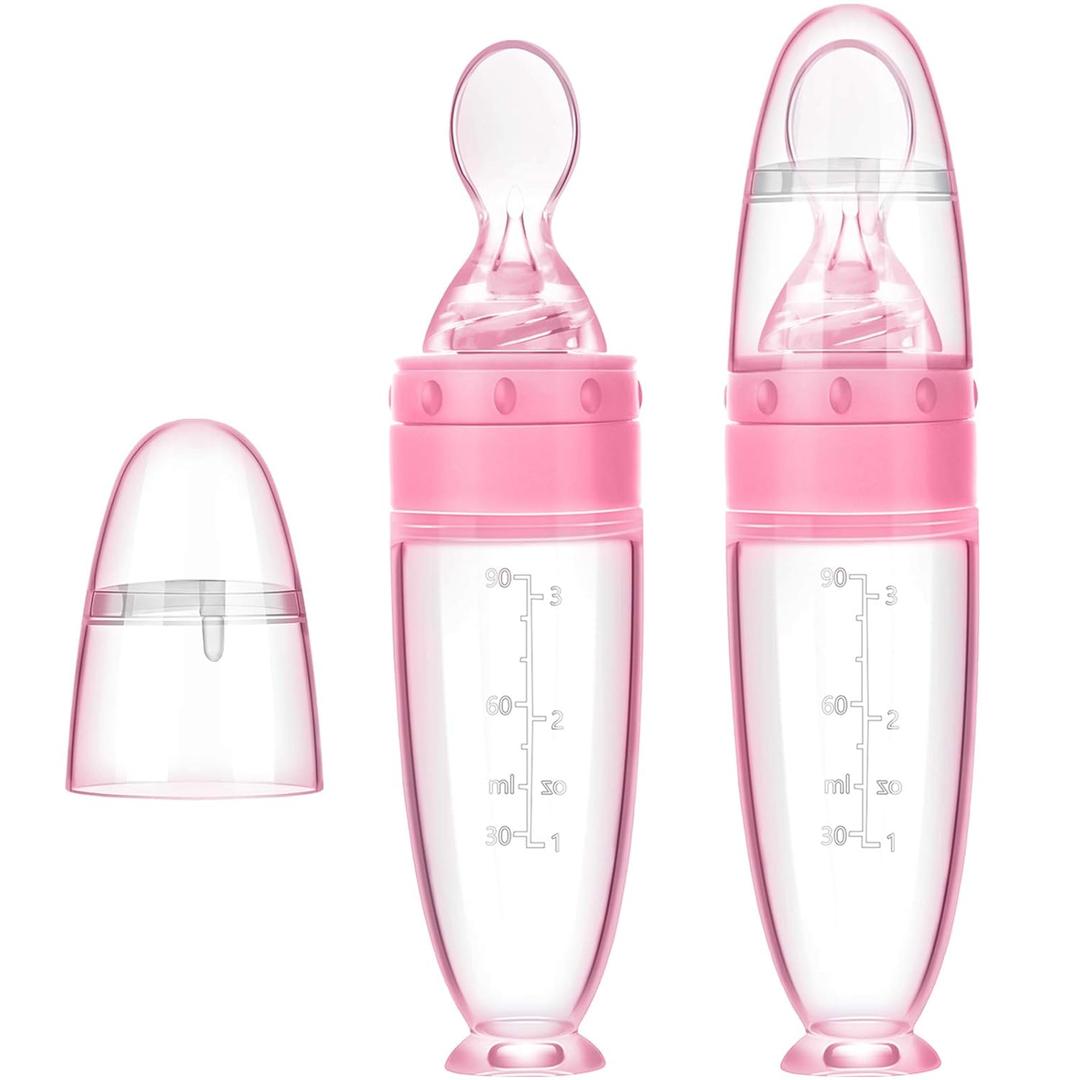 2 Pieces Silicone Baby Spoons Baby Feeding Spoon with Standing Base for Infant 0-24 Months Dispensing and Feeding (Pink)