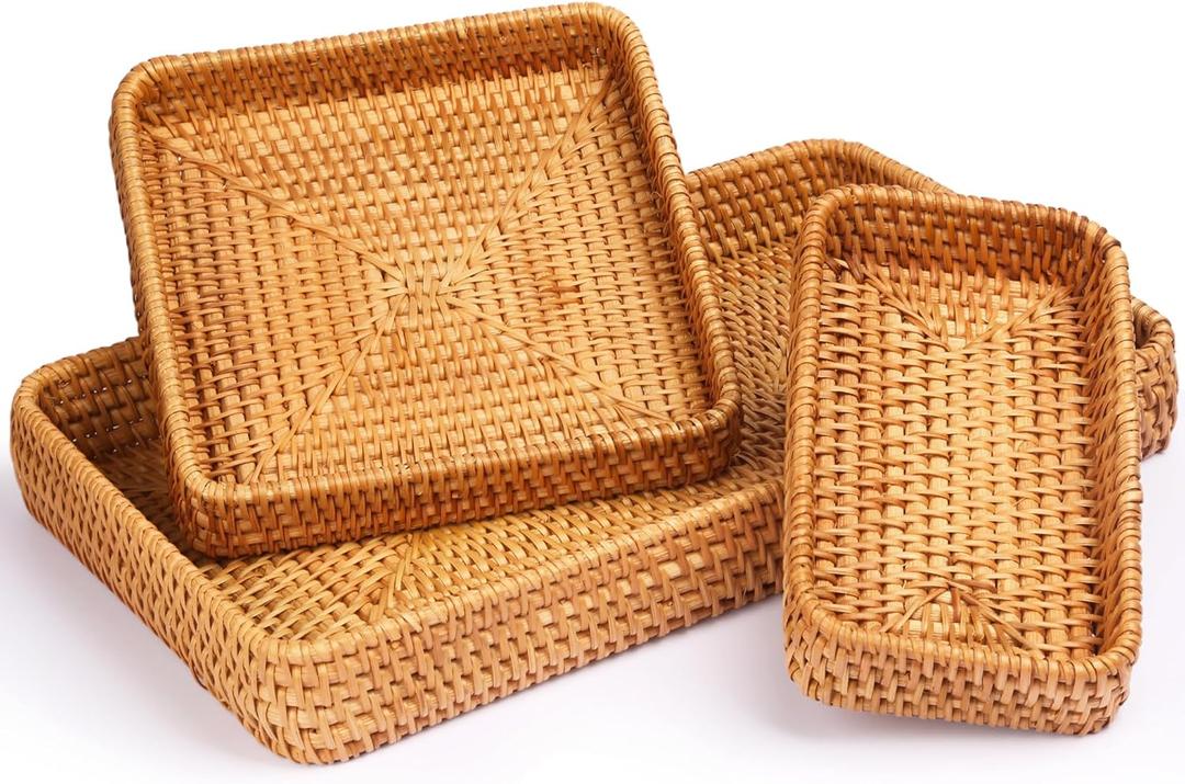 Rattan Tray Set of 3, Rectangular Woven Wicker Tray, Natural Wicker Rattan Serving Baskets for Table Kitchen Bathroom Counter Organizing (3pcs Rectangle Tay)