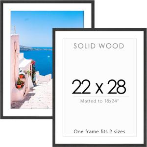 22x28 Solid Wood Poster Frame, Natural Wood Picture Frame With Paper Mat, Display 18x24 With Mat or 22x28 Without, Set of 2 Black Picture Frames