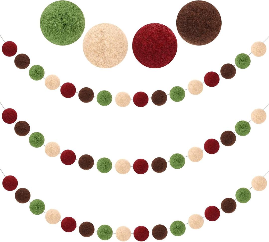 Tatuo 3 Pieces 6.56 ft Wool Felt Ball Garland Christmas Pom Pom Garland with 60 Balls Colorful Felt Banner Ornament for Xmas Tree Wall Classroom Fireplace Party Decor Home (Burgundy,olive Green)