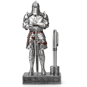 Knight Pen Stand Decoration Resin Pen Holder Art Craft Paperweight for Desktop Organizer Festival Gifts for Boyfriend Husband Dad Son(Silver)