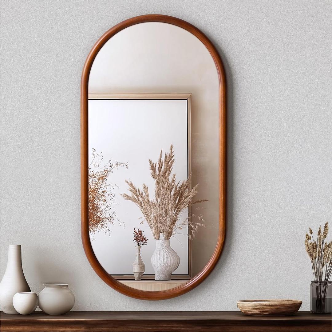Navaris Oval Wood Framed Mirror - Wall Mounted - 15"L x 29.5"W - Brown Wood Frame - Oval Shape - Distortion-Free Reflection - Versatile Hanging Orientation - Bathroom, Bedroom, Entryway Wall Decor