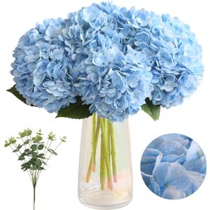 Tifuly 4pcs Fake Hydrangea with Vase - Real Touch Faux Hydrangea Flowers and 3pcs Eucalyptus Stems for Wedding Centerpiece Home Party Table Decoration, Blue