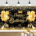 YinQin 180x120 cm Glitter Black Golden Happy Birthday Backdrops Photography Backgrounds Cloth 71x47 inch Bday Party Decorations Black Gold Happy Birthday Sign Banners for Men Women