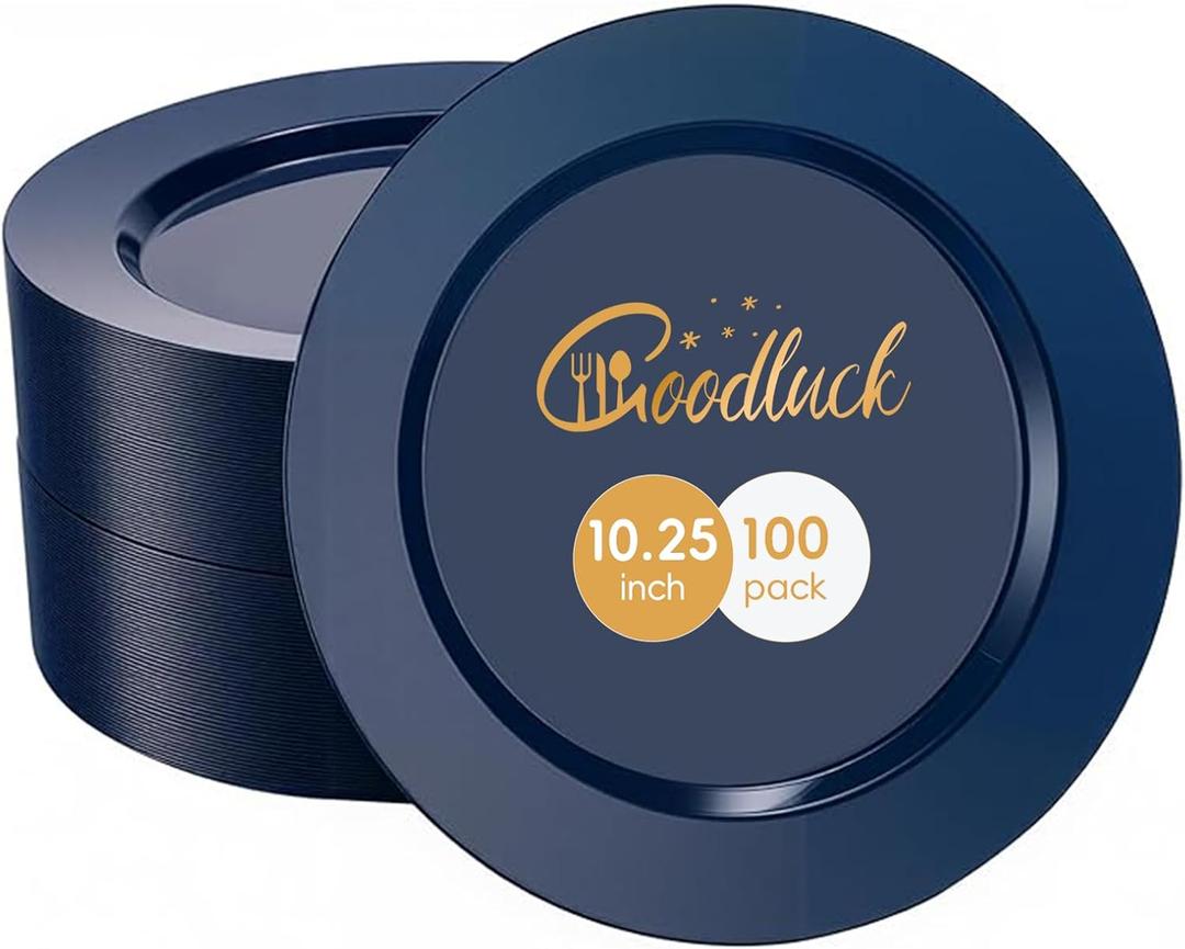 Goodluck 100PCS Navy Blue Plastic Plates, 10.25 Inch Dinner Plate Heavy Duty Disposable Plastic Plates for 100 Guests Party, Wedding, Birthday & Daily Use and New Year Events
