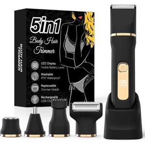 Bikini Trimmer for Women,5-in-1 Electric Razors for Women,Electric Shaver for Women's,IPX7 Waterproof Trimmer for Men Legs,with 5 Replaceable Blade Heads,USB Recharge DockBlack