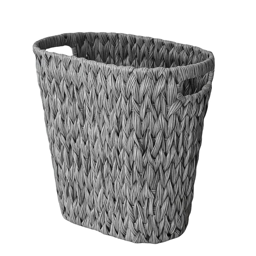 PINXIURY Wicker Trash Can,Watse Basket, Woven Bathroom Trash Can with Handles, Waste Paper Basket, Trash Cans for Bedroom,Decorative Boho Trash Can, 19 Liters/5 Gallons (Grey)