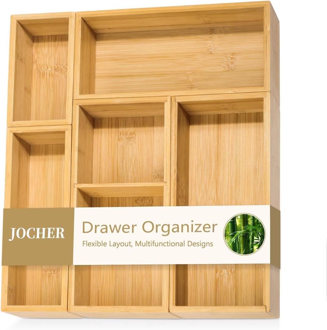 5 PCS Bamboo Drawer Organizer, Multi-Use Wooden Drawer Organizer, Junk Drawer Organizer Kitchen for Bathroom, Makeup Desk, Office Desk, Jewelry, Utensils, Tea Drawer