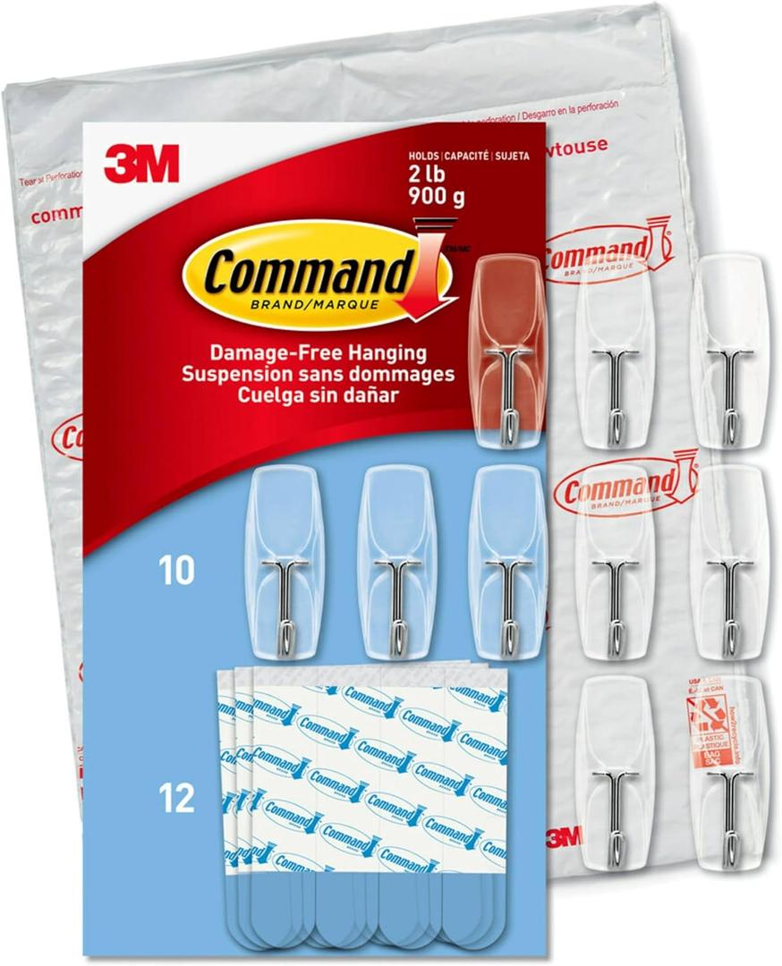 Command Medium Clear Wire Toggle Hooks,10 Wall Hooks and 12 Strips, Damage-Free Hanging with Adhesive, Great for Hanging Christmas Decorations, Holds up to 2 lb