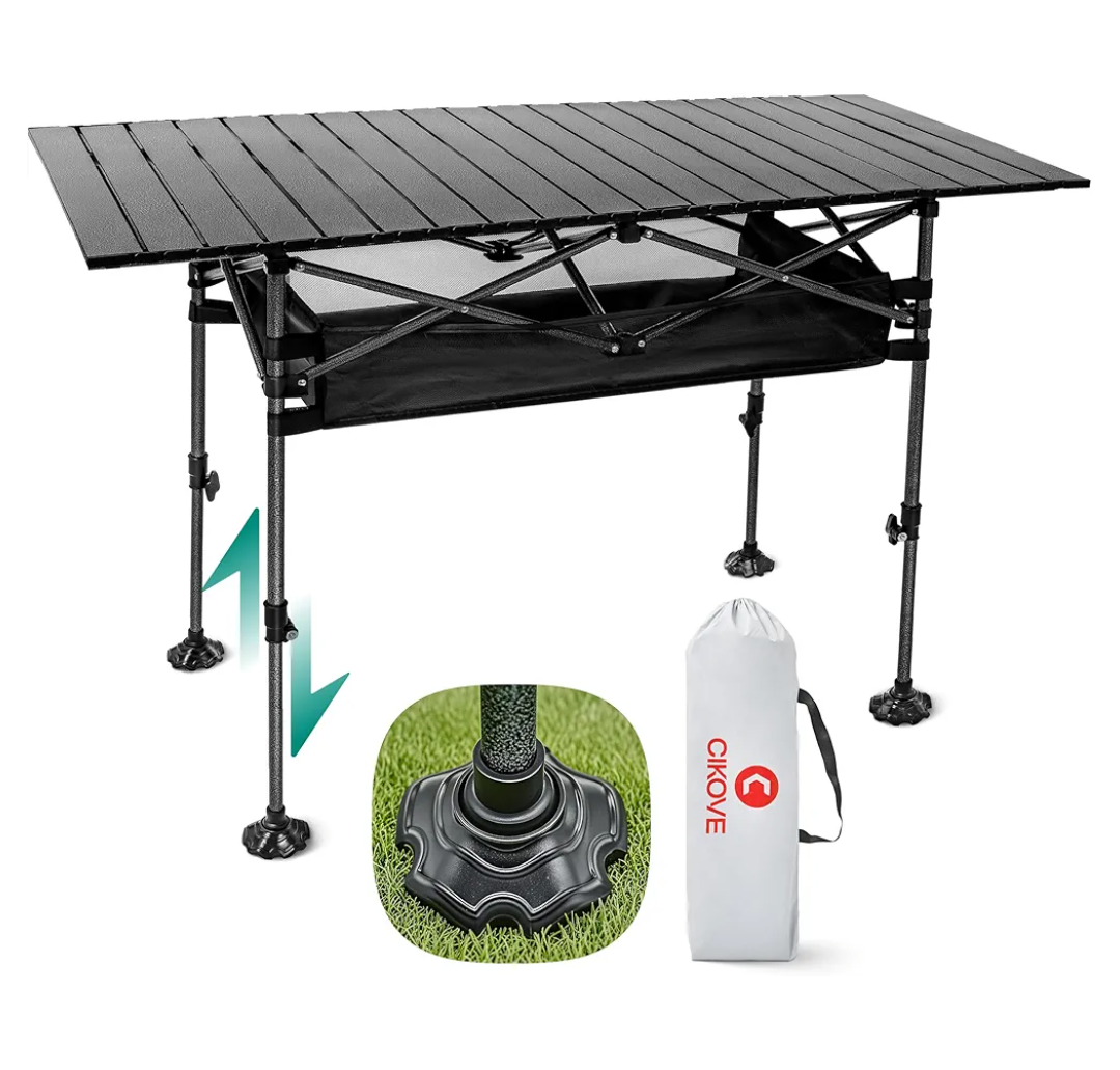 CIKOVE Height Adjustable Camping Table Tall Large Outdoor Folding Camping Table with WideBase AntiSink Legs & Carry Bag for Camping BBQ Beach Backyard (Black)