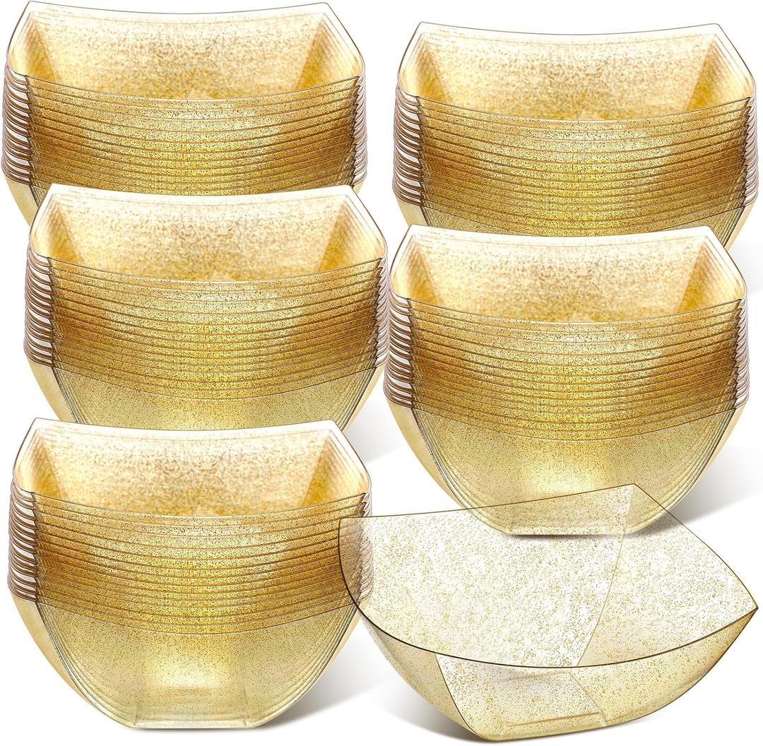 Tanlade 50 Pcs Gold Glitter Square Plastic Serving Bowls Disposable Snack Salad Bowl Small Party Candy Bar Containers Taco Bar Serving Dishes for Buffet Chips Fruit(16 oz)