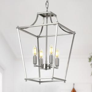 Lantern Pendant Lights, 12" Brushed Nickel Pendant Light Fixtures, 4-Light Adjustable Pendant Lighting for Kitchen Island Dining Room Living Room Foyer Stairway