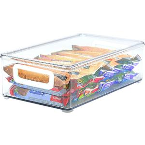 Youngever 2 Pack Stackable Plastic Storage Organizer Container Bins with Lids, Stackable Storage Bins with Handler for Refrigerator, Pantry (10" x 6" x 3")