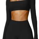 ABOCIW Women Square Neck Long Sleeve Workout Crop Top Low Medium Impact Athletic Yoga Gym Shirts with Built in Bra(ONLY TOP) Black, S