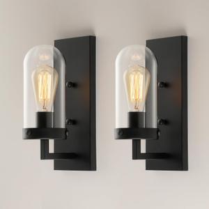 Black Wall Sconces Set of 2, Modern Farmhouse Bathroom Sconces with Clear Glass Shade, Vanity Lights for Bedroom Living Room Bathroom Hallway Stairwell