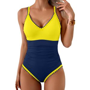 Aidonger One Piece Swimsuit for Women Tummy Control Color Block Bathing Suit V Neck Shell Stitched Tie Back Swimwear (Blue, L)