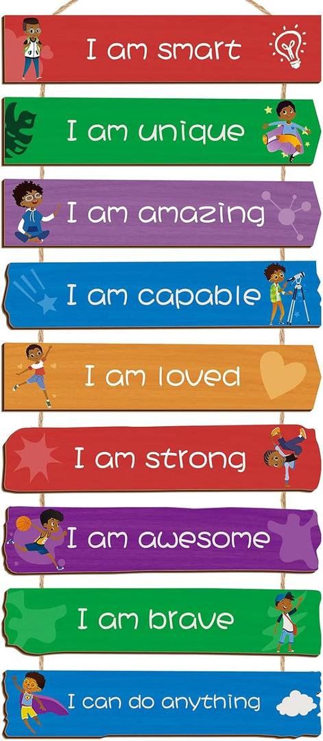 Chunful Set of 9 Boys Room Bedroom Decor Boys Inspirational Wall Decor Wood Hanging Plaque Motivational Kids Bedroom Wall Sign for Kids Teenage Toddler(Black Boy)