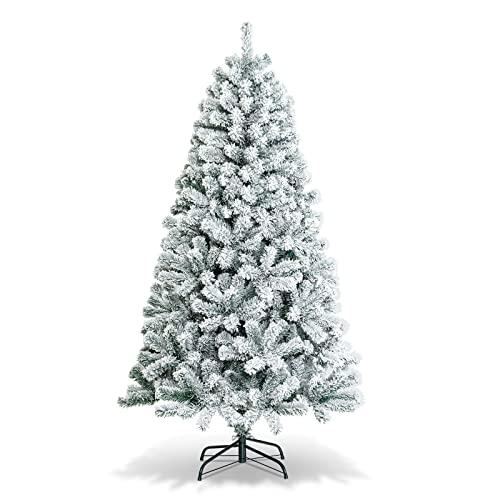 6 FT Snow Flocked Christmas Tree, Artificial Holiday Hinged Pine Tree with 600 Branch Tips, Solid Metal Stand, Premium Xmas Full Fake Tree for Home, Office, Party Decoration 6 FT Snow Flocked Christmas Tree, Artificial Holiday Hinged Pine Tree with 600 Branch Tips, Solid Metal Stand, Premium Xmas Full Fake Tree for Home, Office, Party Decoration