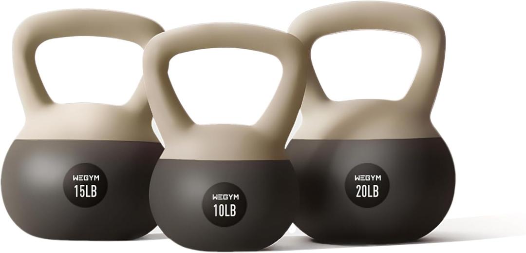 WeGym Soft Kettlebell Set with Cushioned Impact Resistant Base, Anti Slip Wide Grip Handle for Home Workouts, Weightlifting, Full Body Training (10+15+20LB Sandstone-3 PCS)