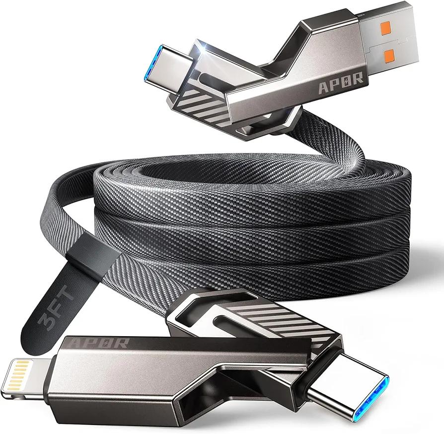 Apor USB C Cable, 60W 4 in 1 Charging Cable (3.3 ft) Flat Braided Nylon Multi Charging Cable Zinc Alloy House Type C/USB A for iPhone/Samsung/ipad