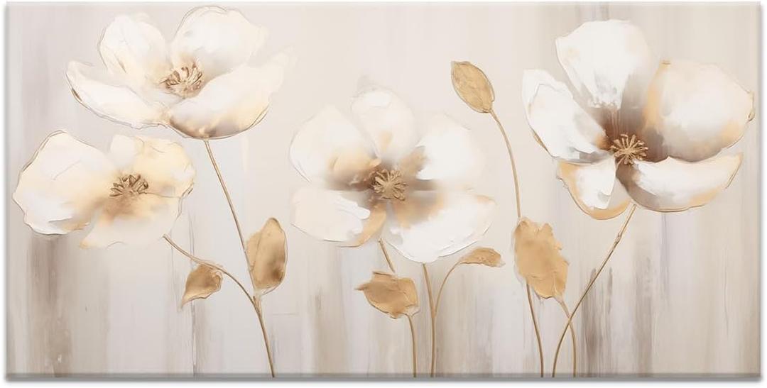 Large White and Gold Abstract Flower Wall Art Luxury Neutral Contemporary Floral Canvas Print Artwork Modern Minimalist Painting (58L" x 29W", White and Gold Flower)