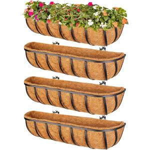 Legigo 4 Pack 24 Inch Window Box Deck Railing Planter with Coconut Liner, Balcony Rail Planters Horse Trough Window Planter Boxes, Metal Railing Hanging Flower Baskets for Outdoor Porch Fence Patio