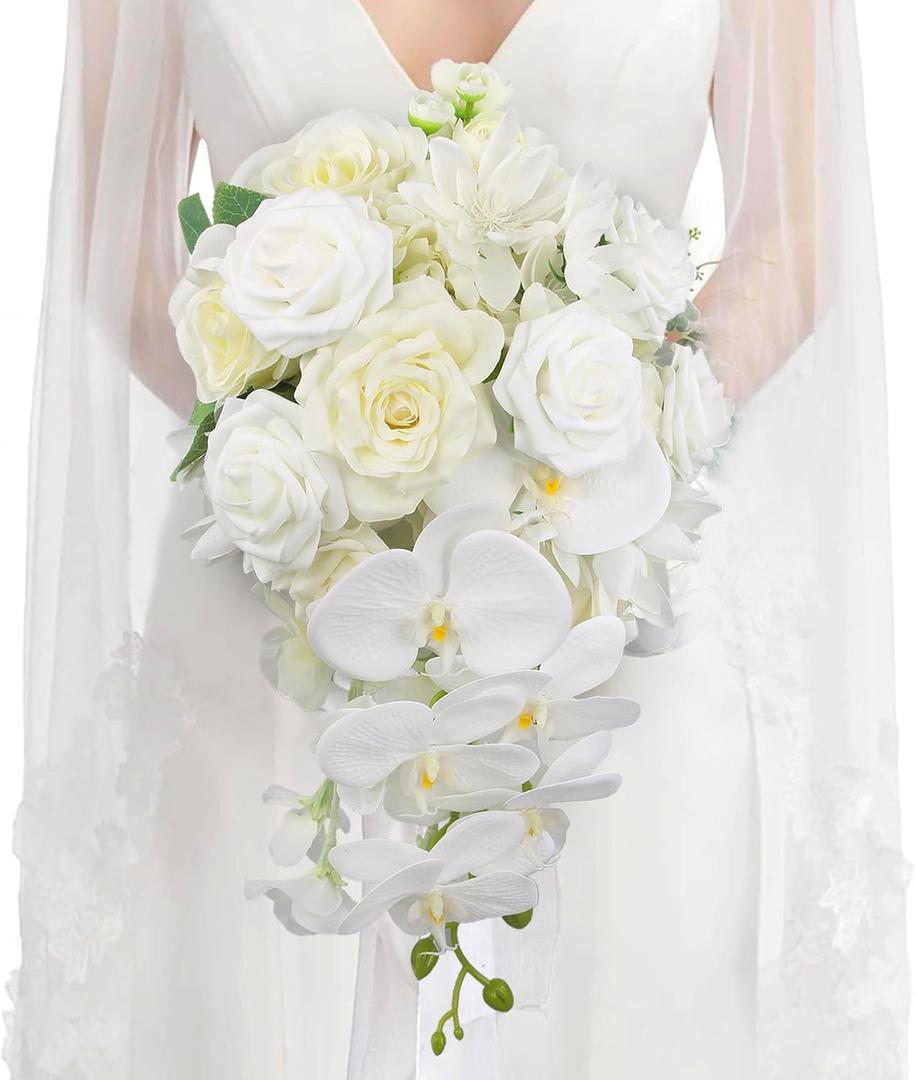 Rinlong 11" Wide White Orchid Cascading Wedding Bouquet - Real Touch Silk Cascade Bridal Bouquet