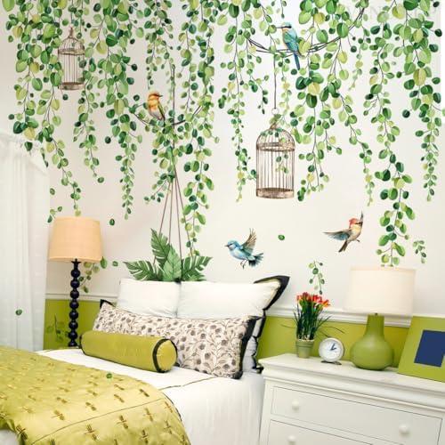 Spring Summer Green Eucalyptus Hanging Vine Wall Decals Bird & Birdcage Wall Stickers for Home Office & Coffee Cafe Peel and Stick Wall Glass Clings Decor, 3-Pieces