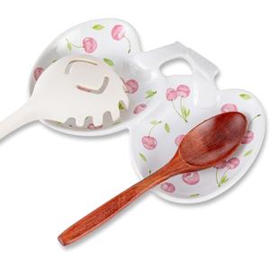 TEATALK Spoon Rest for Stove Top: Ceramic Spoon Holder, Cooking Spoon Rest for Kitchen Counter Decor, Heat-Resistant (White and Pink)
