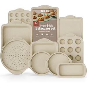 BAKKEN Kitchen Oven Baking Pans - Nonstick Gray Coating, Carbon Steel Bakeware Set with White Silicone Handles, Commercial Restaurant Quality Pans, PFOA, PFOS, PTFE Free, Oven Safe (450 F), Set of 10