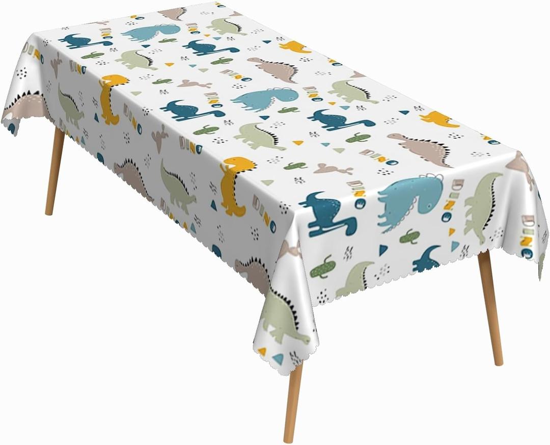 60x102 Inch Cartoon Dinosaur Rectangle Tablecloth Colorful Whimsical Prehistoric Animal Dino Cactus Table Cloth Waterproof Reusable Table Cover for Home Birthday Party Baby Shower Playroom