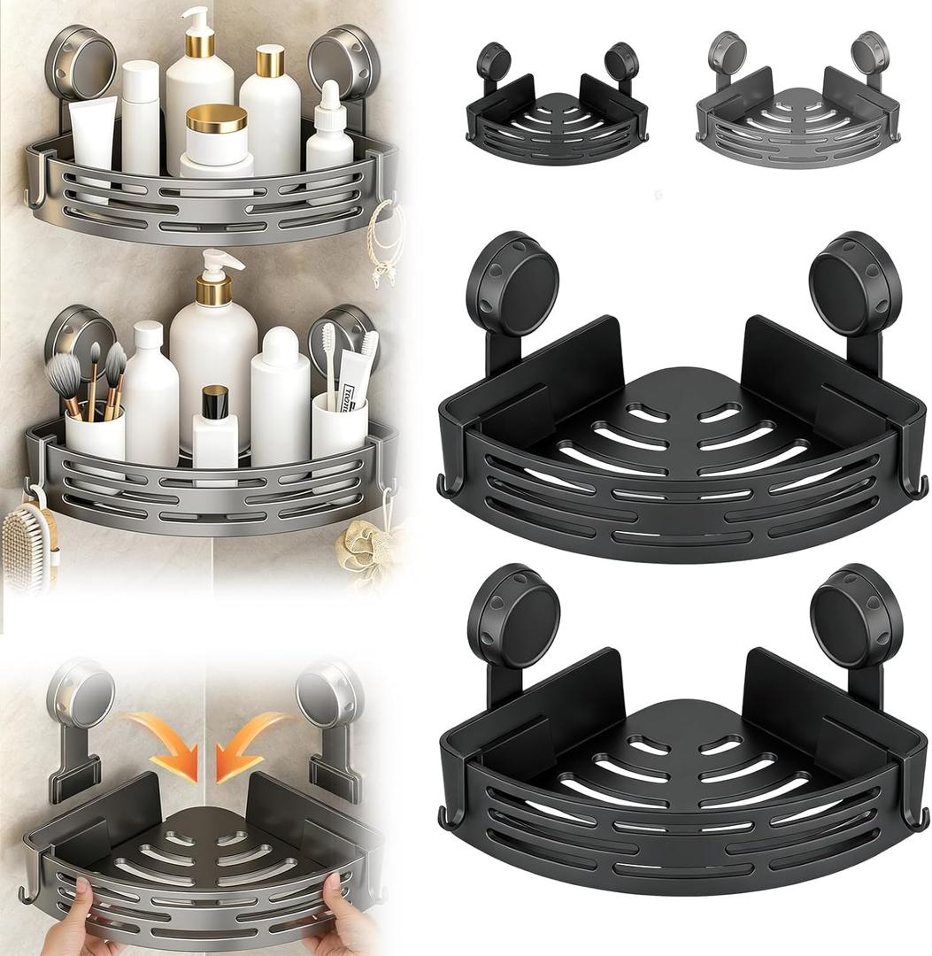 Suction Cup Corner Shower Shelf, No-Drill Bathroom Corner Shelf, Corner Shower Storage Rack, Without Damaging Walls, Resists Water and Humidity, Reduce Clutter (Black*2)