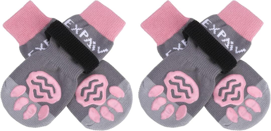 EXPAWLORER 4Pcs Anti-Slip Dog Socks - Double Side Non-Slip Paw Protector for Hardwood Floors,Prevent Licking,Dog Booties,Dog Shoes for Hot/Cold Pavement, XS