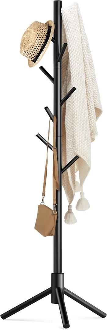 Haddockway Wooden Coat Rack Stand with 8 Hooks New Zealand Pine 3 Adjustable Coat Standing Tree Easy Assembly for Coats, Hats, Scarves and Handbags for Entryway, Hallway, Bedroom, Office, Black