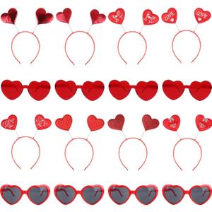 16 Pack Valentines Heart Head Boppers Headbands Red Heart Hair Hoop and Heart Shape Sunglasses for Valentines Day Wedding Anniversary Birthday Party Supplies Photo Props