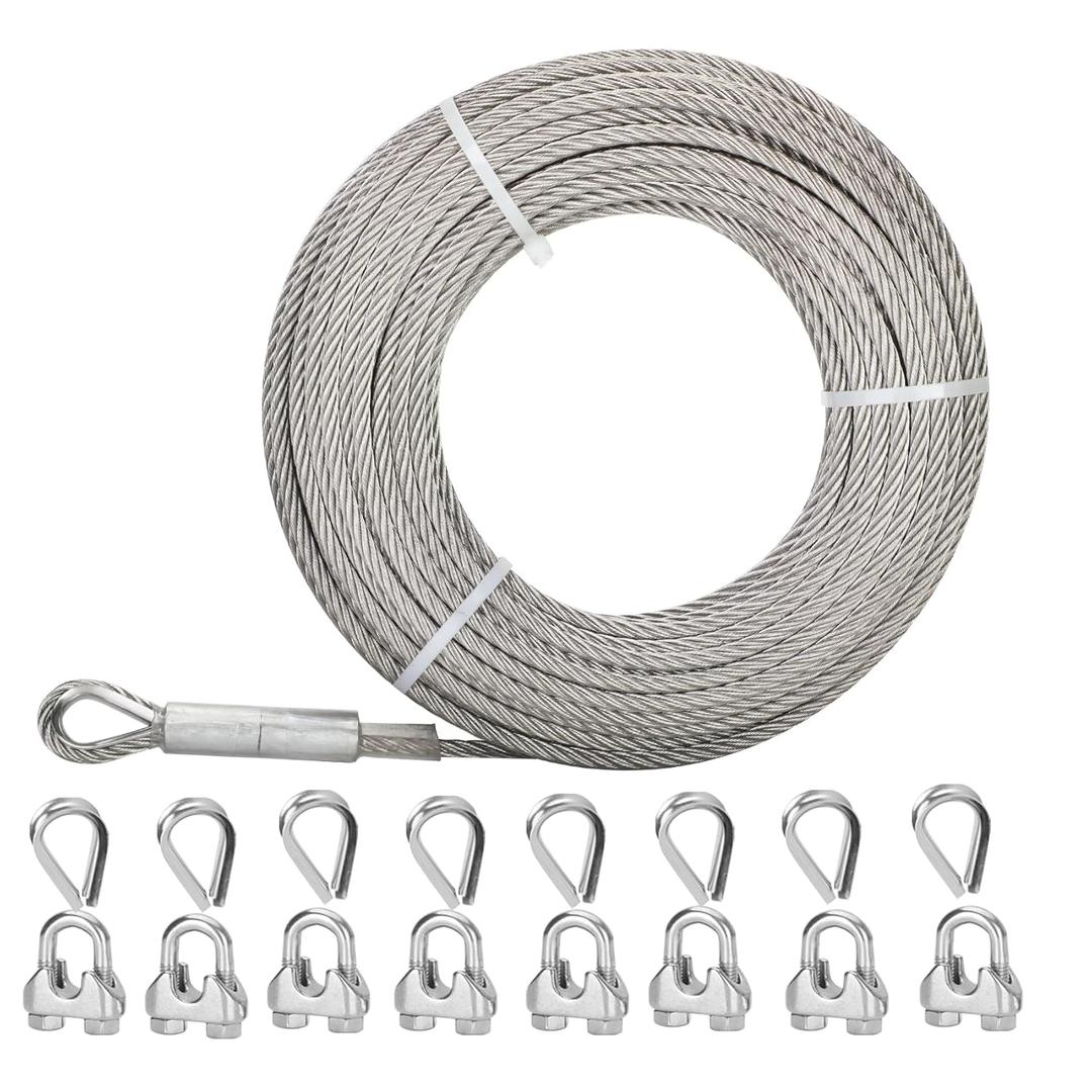 5/16 Stainless Steel Cable 200FT, 7x19 Strands Aircraft Cable, 9000 lbs Breaking Strength, Stainless Steel Wire Rope with M8 Clips Clamp and Thimbles for Boat Lift Cable, Winch Cable