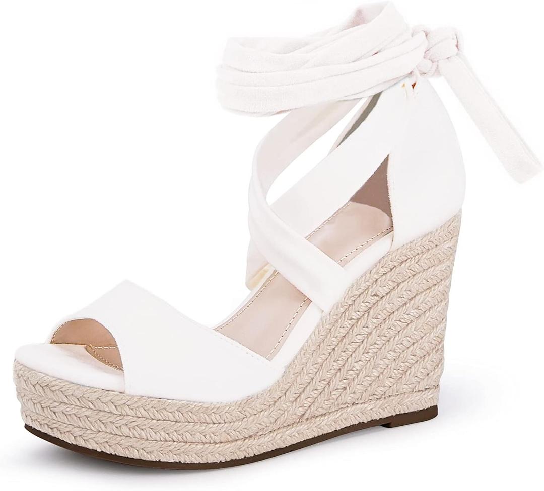 Womens Espadrilles Wedges Sandals Heels Open Toe Tie Lace Up Platform Ankle Strap Summer Dress Shoes (6.5, 4-white)