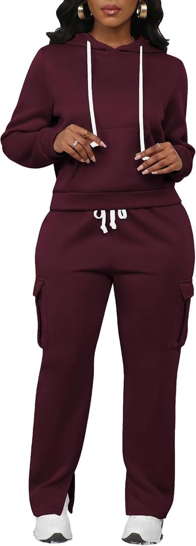 LovelyWholesale Womens Sweatsuits 2 Piece Set Hoodies and Cargo Sweatpants Sets Burgundy Small