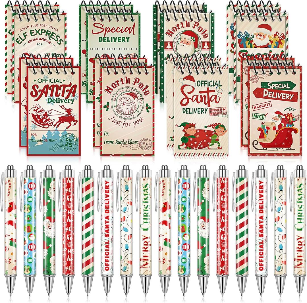 Zhanmai 32 Pcs Christmas Mini Notepads with Pens Set North Pole Spiral Notepads Official Santa Delivery Pens Xmas Memo Notebooks Ballpoint Pen for Kids Xmas Holiday Party(Classic Color)