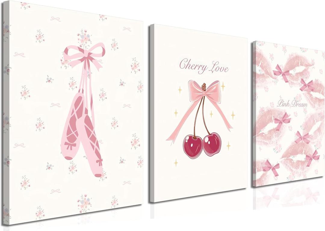 Coquette Pink Bows Wall Art Set of 3 Cute Hot Pink Cherry Wall Decor Trendy Pastel Teen Girl Lips Canvas Poster Prints Kawaii Girly Pictures for Dorm Bedroom Living Room Framed 16x24 inch