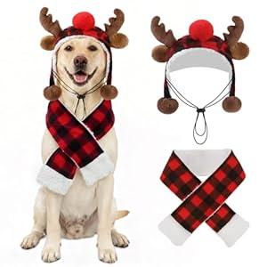 SCENEREAL Dog Christmas Outfit - Elk Hat and Buffalo Scarf Costumes Set for Large Dogs, Funny Pet Xmas Holiday Outfits Clothes, Puppy Cosplay Party Apparel Accessory