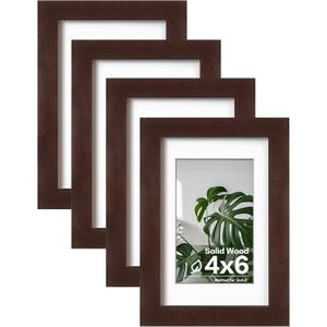 Egofine 4x6 Picture Frames with Plexiglass, Display Pictures 3x4.5 and 3.5x5 with Mat or 4x6 Without Mat Set of 4 for Tabletop and Wall Mounting, Walnut Color