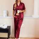Ekouaer Silk Pajamas for Womens Set 2 Piece Satin Pjs Soft Button Down Sleepwear Wide Leg Long Pants with Pockets (Red, S)