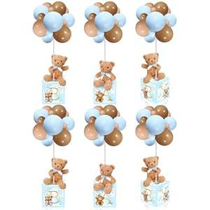 Lenwen 6 Sets Baby Letter Boxes Decorations Table Centerpieces for Baby Shower Gender Reveal,Bear Stuffed Animals Balloon with Stand Plush Toy Boxes for Birthday Party Wedding (Blue,Brown)