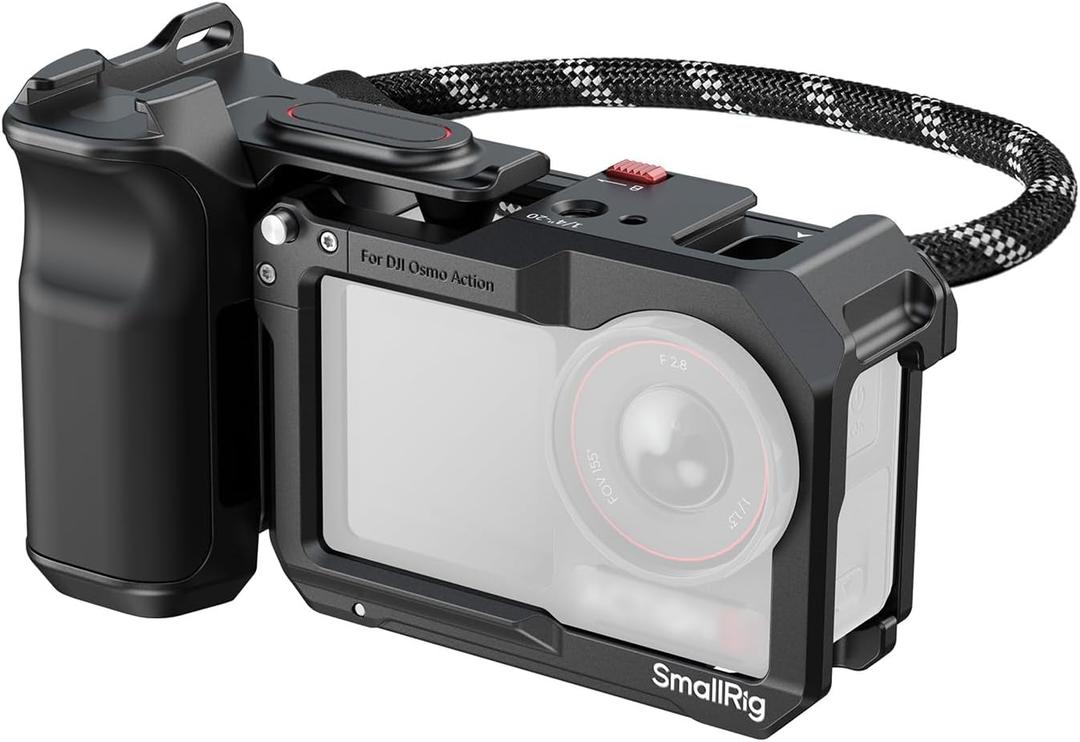 SmallRig Handle Grip Kit for DJI Osmo Action 5 Pro / 4/3 with Cage, Street Photography Grip for DJI, Quick Release, Shutter Button, Cold Shoe, Wrist Strap, 1/4 Threaded Hole for Tripod Selfie Stick