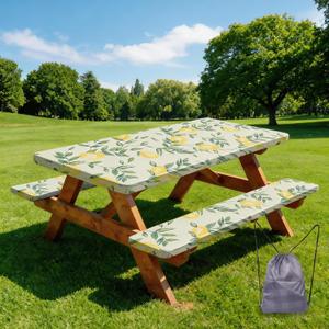 Picnic Table Cover with Bench Covers and Bag,Camping Essentials Waterproof Fitted Camping Tablecloth with Elastic Edges Windproof for 6ft Rectangle Tables and Seats,72in Lemon