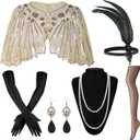 1920s Flapper Accessories Set, Roaring 20s Accessories Women Feather Headpiece Necklace Earrings Long Gloves (Apricot)