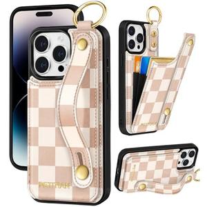 Petitian for iPhone 14 Pro Max Wallet Case - Women Girls Cute Girly Aesthetic Unique Design Leather Credit Card Holder Phone Cover Stand Wristband for iPhone 14 Pro Max, Khaki Checkered