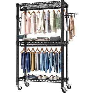 Heavy Duty Clothes Rack Rolling Garment Rack,3 Tier Adjustable Wire Shelving Clothing Racks for Hanging Clothes with Double Rods&Side Hooks,Freestanding Wardrobe Storage Rack Metal Portable Closet