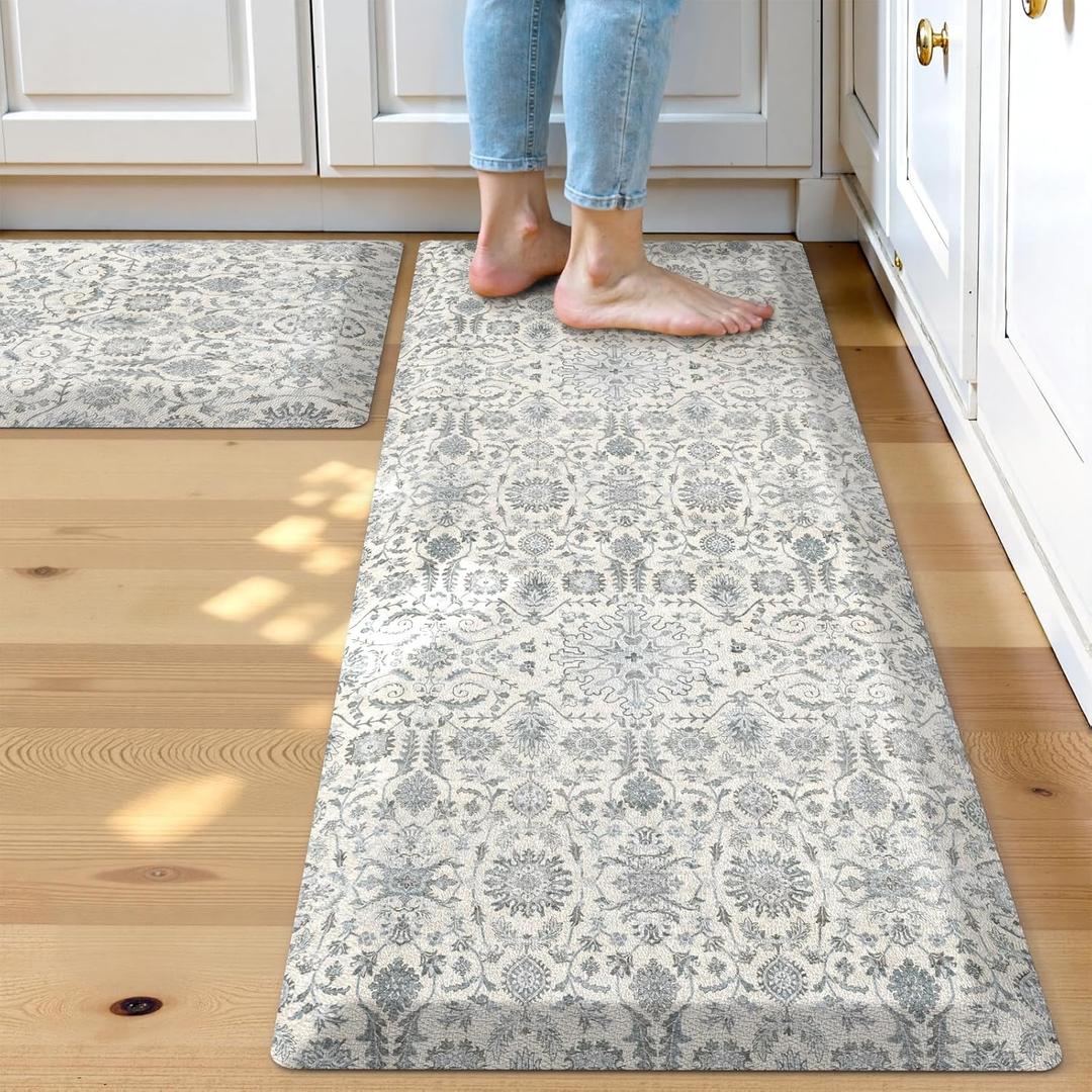 Collive Anti Fatigue Mats for Kitchen Floor, Cushioned Non Skid Kitchens Rug Sets of 2 Waterproof Padded Sink Rugs, Boho Floral Rug Comfort Standing Mat for Home Office, 17.3"x28" + 17.3"x47" (Blue)